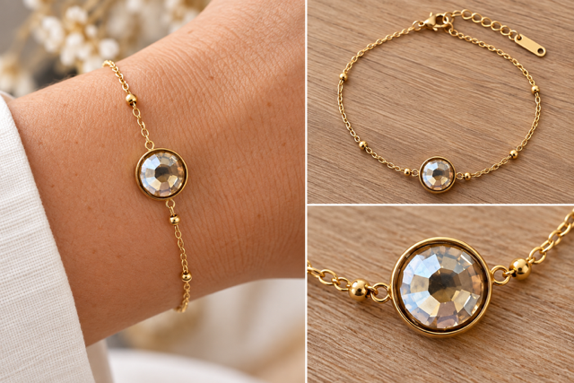 Bracelet Doré Swarovski Champagne – Acier Inoxydable – Bracelet Fin Femme