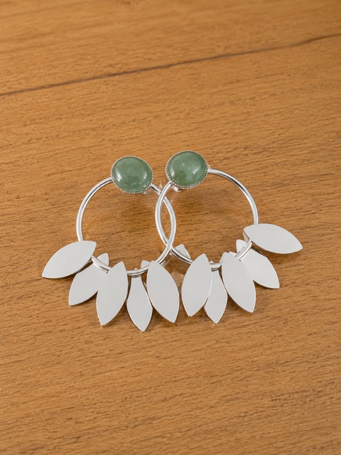 Boucles d’Oreilles Aventurine Verte – Acier Inoxydable Argenté – Créoles Feuilles – Pierre Naturelle