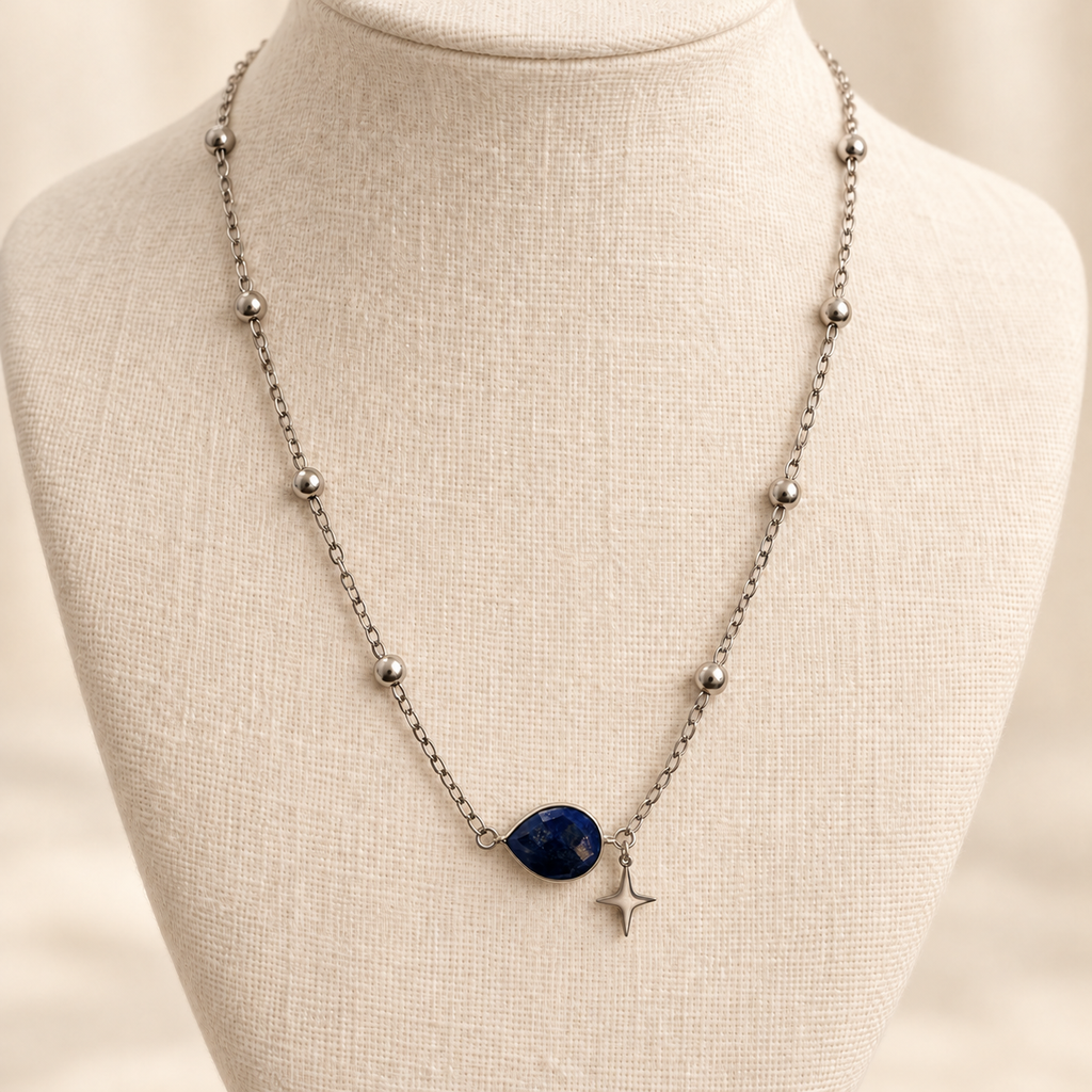 Collier Étoile d’Azur – Lapis-lazuli et acier inoxydable 316L
