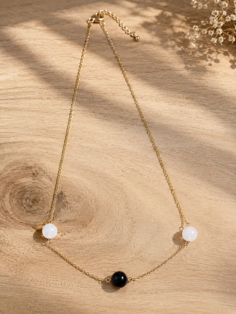 Collier pierres naturelles femme - Obsidienne et cristal de roche - chaine dorée acier inoxydable plaqué or 18K