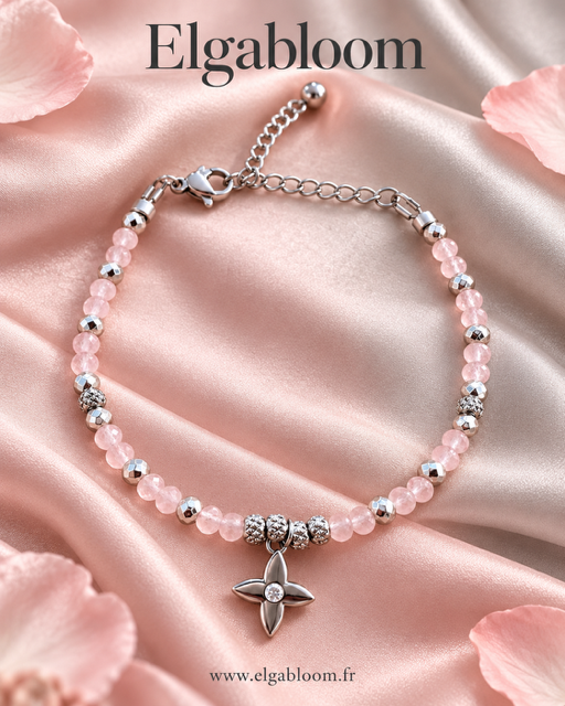 Bracelet Rosélia – Quartz rose naturel facetté – Acier inoxydable argenté