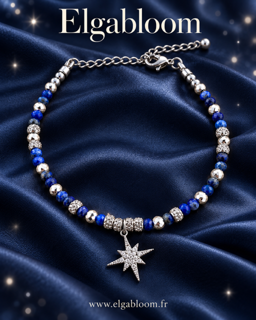 Bracelet en lapis-lazuli – Acier argenté et breloque étoile
