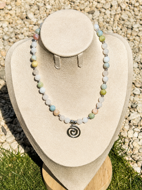 Collier Jade blanc & Béryls Grade A – Pierres naturelles – Acier inoxydable