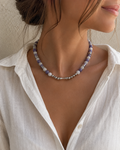 Collier femme en pyrite naturelle et perles de synthèse, acier inoxydable