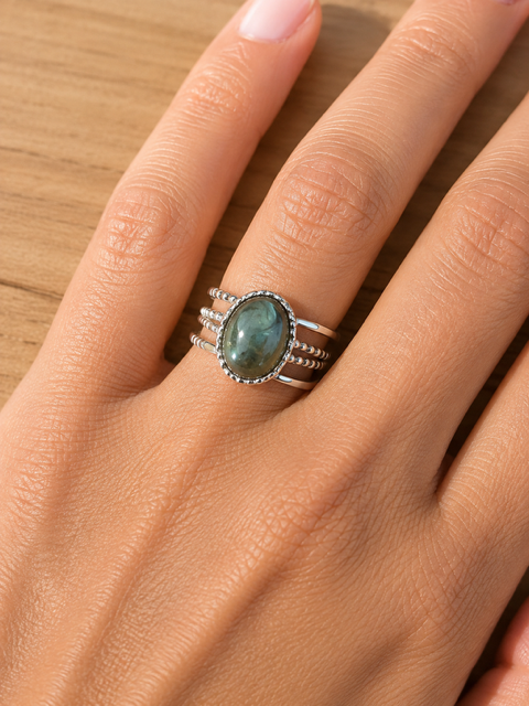 Bague en labradorite – Acier inoxydable – argenté