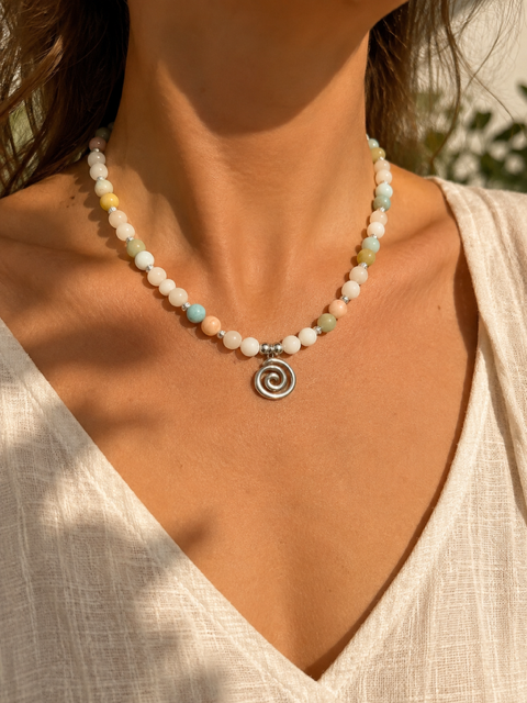 Collier Jade blanc & Béryls Grade A – Pierres naturelles – Acier inoxydable