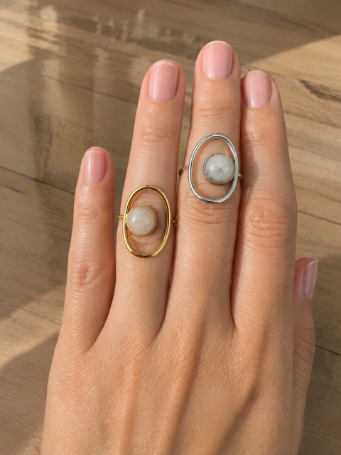 Bague ARGENTEE Aura en quartz rose naturel – Acier inoxydable – Bague réglable femme