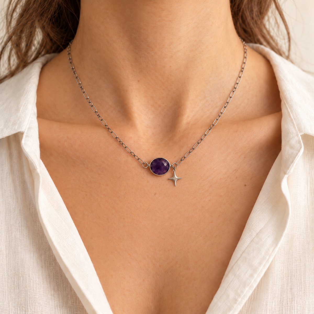 Collier Étoile Violette – Améthyste et acier inoxydable 316L