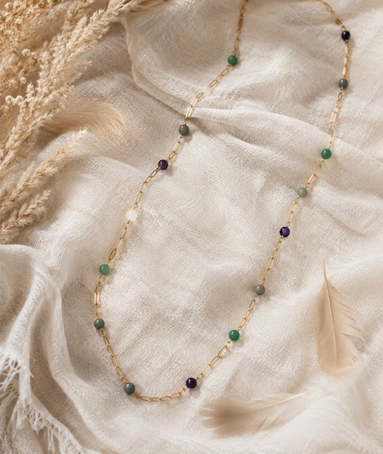 Sautoir femme en pierres naturelles grade A - collier long 80 cm - acier inoxydable doré - bijou fait main