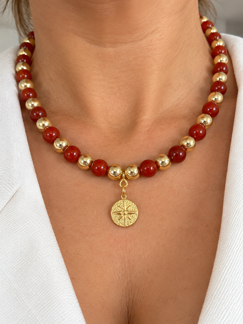 Collier Jaspe Rouge et Hématite Dorée – Pendentif Médaille – Bijou en Pierres Naturelles