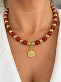 Collier Jaspe Rouge et Hématite Dorée – Pendentif Médaille – Bijou en Pierres Naturelles