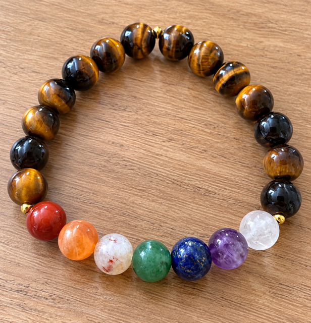 Bracelet 7 Chakras & Œil de Tigre – Pierres Naturelles – Bracelet Élastique Femme Homme
