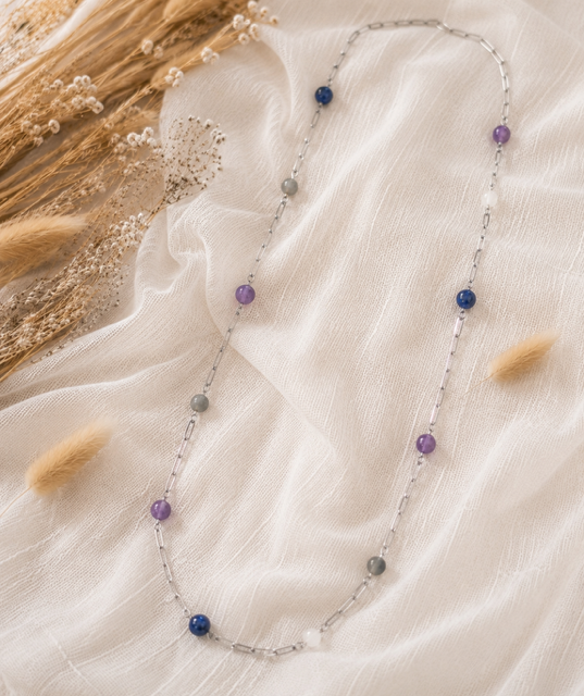 Sautoir femme en pierres naturelles grade A - collier long 80 cm - acier inoxydable argenté - bijou fait main