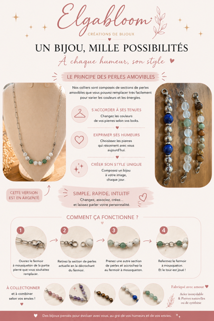 Collier Interchangeable femme en pierre NATURELLE modèle argenté - Bijou fait main argenté Collection prémium