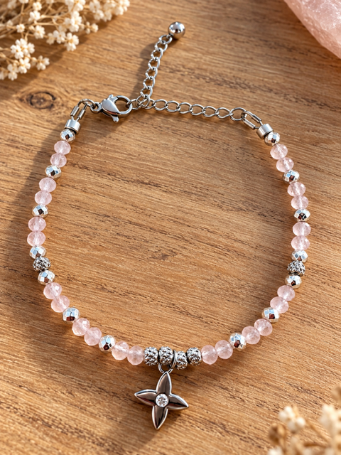 Bracelet Rosélia – Quartz rose naturel facetté – Acier inoxydable argenté