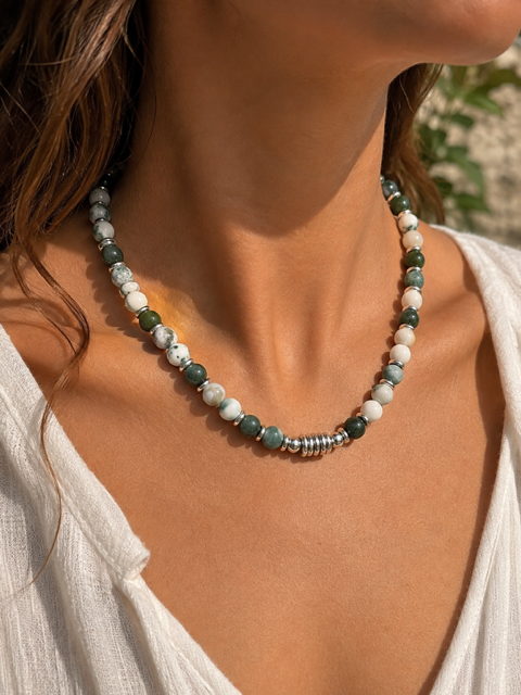 Collier Agate Rivière & Jade Vert Grade A – Pierres naturelles – Acier inoxydable