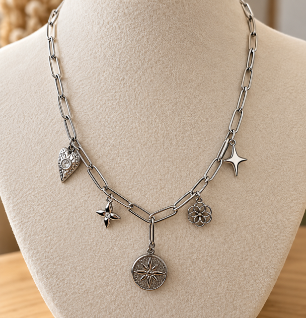 Collier Breloques Argenté – Acier Inoxydable – Maille Trombone