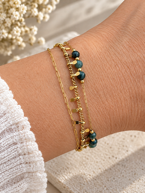 Bracelet Naïa – Tourmaline bleue naturelle – Bracelet 3 rangs – Acier inoxydable doré – Bijou femme