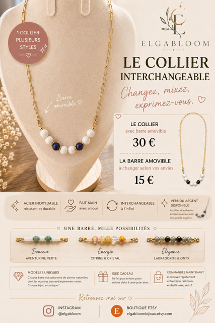 Collier Interchangeable femme en pierre NATURELLE modèle doré - Bijou fait main Collection prémium