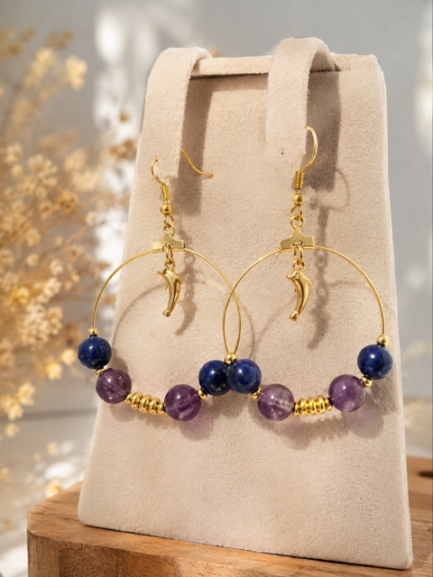 Boucles d’oreilles créoles Lapis-Lazuli & Améthyste – Pierres naturelles – Acier inoxydable doré