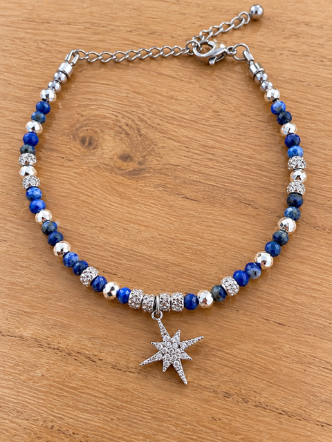 Bracelet lapis-lazuli naturel femme – Pierre naturelle facettée – Acier inoxydable argenté – Breloque étoile