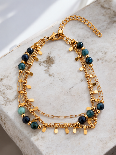 Bracelet Naïa – Tourmaline bleue naturelle – Bracelet 3 rangs – Acier inoxydable doré – Bijou femme
