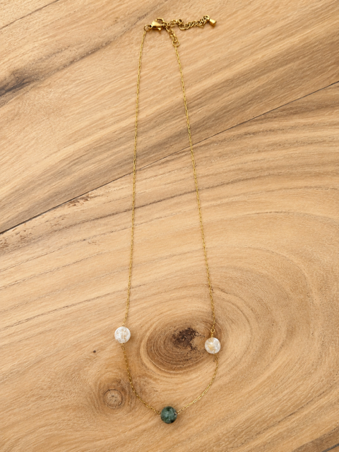 Collier pierres naturelles femme - jade verte et citrine - chaine dorée acier inoxydable plaqué or 18K
