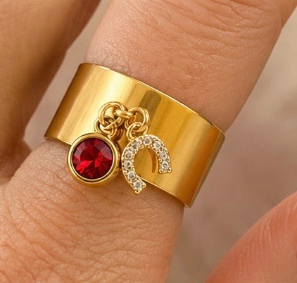 bague femme dorée en acier inoxydable - bague large ajustable-charms et pierre