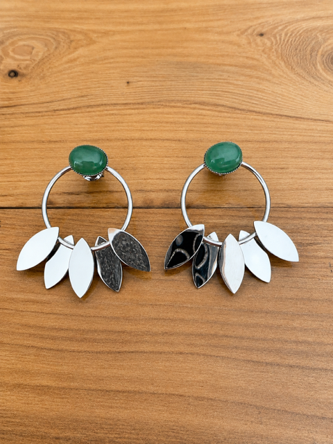 Boucles d’Oreilles Aventurine Verte – Acier Inoxydable Argenté – Créoles Feuilles – Pierre Naturelle