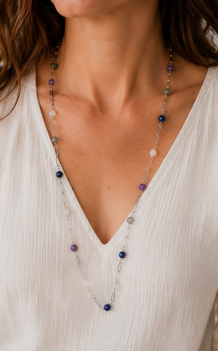 Sautoir femme en pierres naturelles grade A - collier long 80 cm - acier inoxydable argenté - bijou fait main
