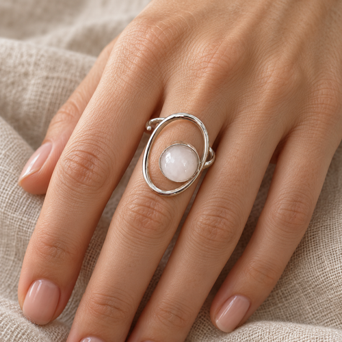 Bague Aura argentée – Quartz rose naturel – Réglable