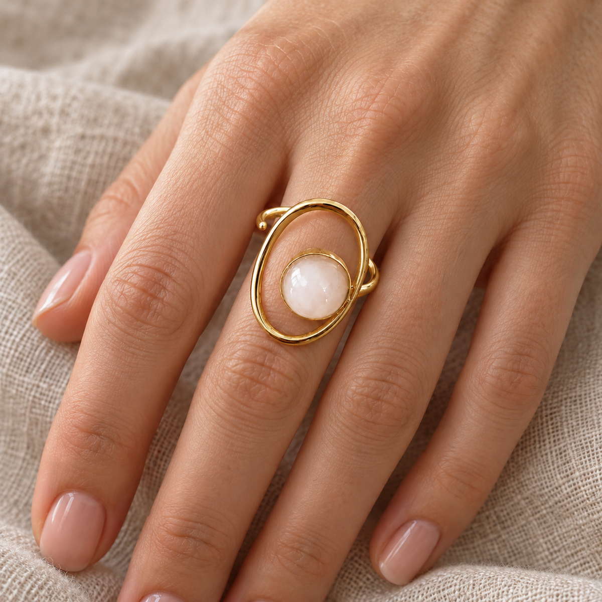 Bague Aura dorée – Quartz rose naturel – Réglable