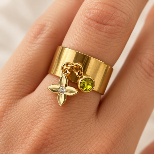 bague large dorée ajustable en acier inoxydable - breloques décoratives