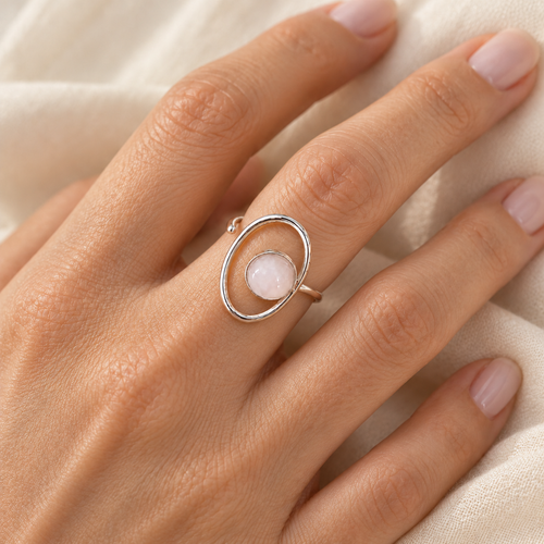 Bague Aura argentée – Quartz rose naturel – Réglable