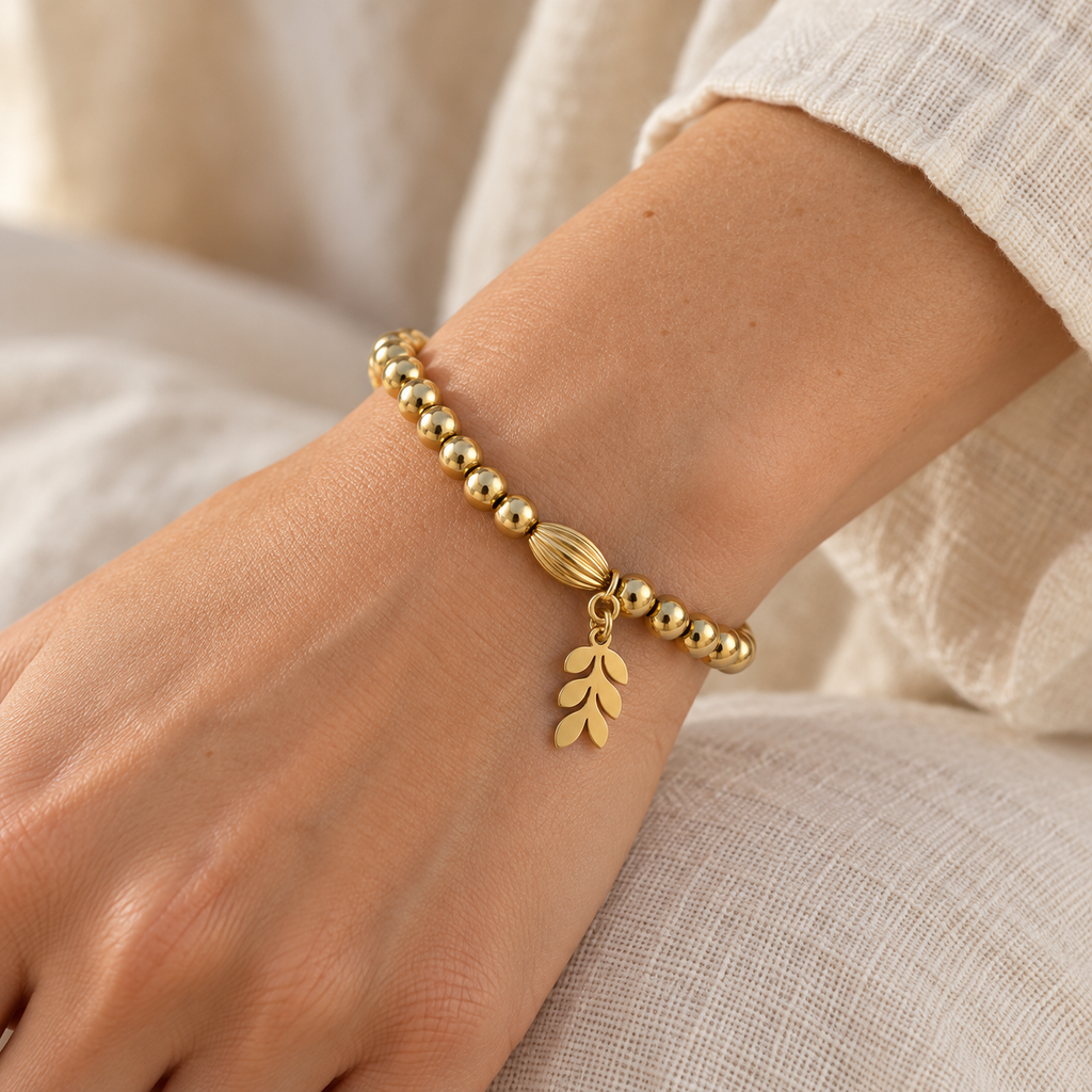 Bracelet Élia – Acier inoxydable 316L doré et breloque feuillage