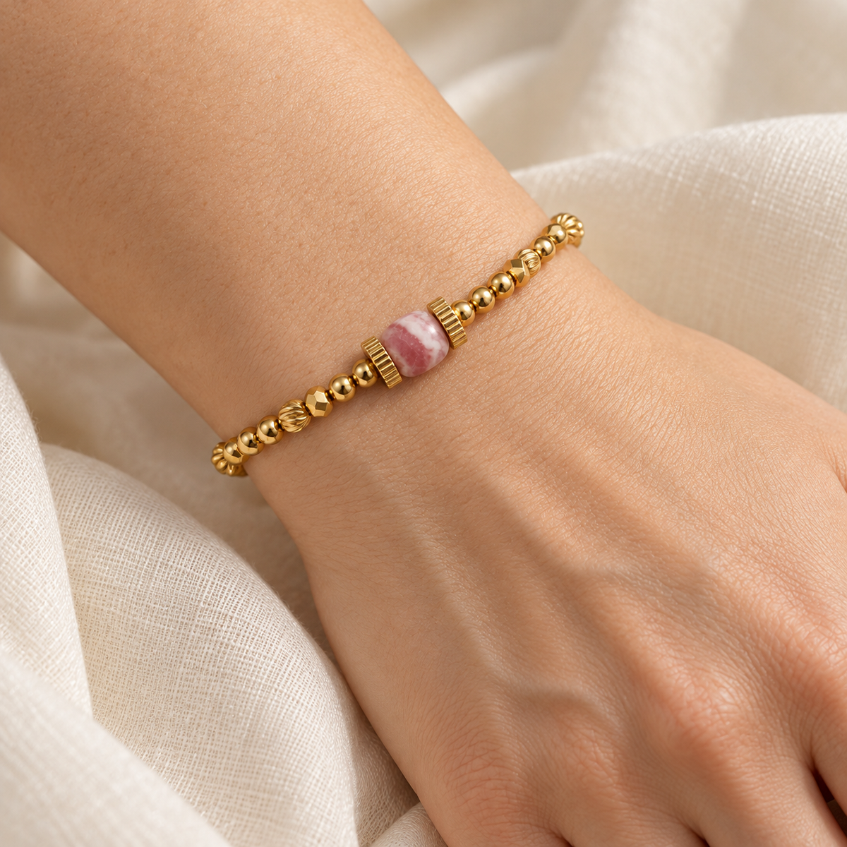 Bracelet Rosélia – Rhodochrosite et acier inoxydable 316L doré ou argenté