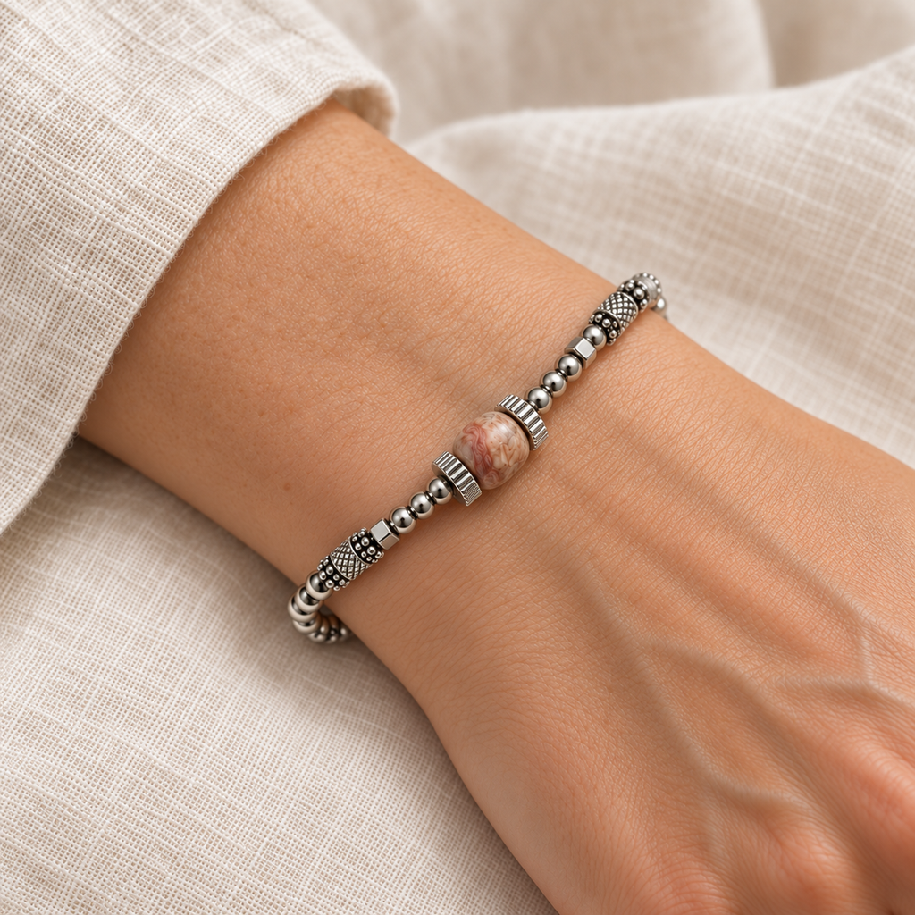 Bracelet Rosélia – Rhodochrosite et acier inoxydable 316L doré ou argenté