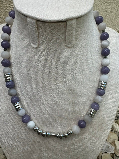Collier femme en pyrite naturelle et perles de synthèse, acier inoxydable