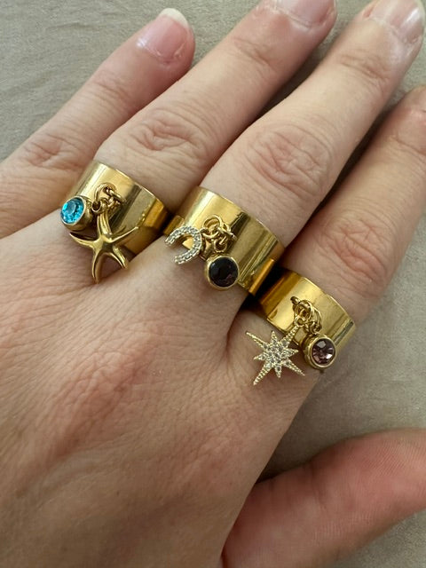 bague femme dorée en acier inoxydable - bague large ajustable-charms et pierre