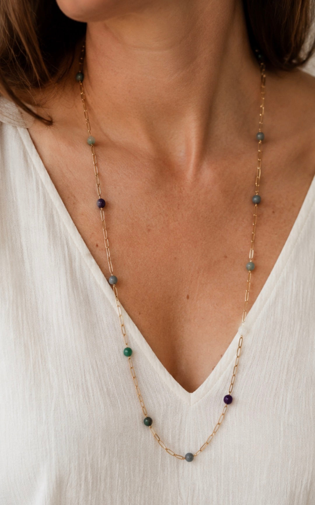 Sautoir femme en pierres naturelles grade A - collier long 80 cm - acier inoxydable doré - bijou fait main