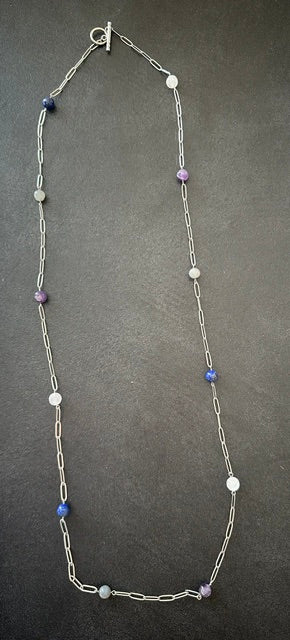 Sautoir femme en pierres naturelles grade A - collier long 80 cm - acier inoxydable argenté - bijou fait main