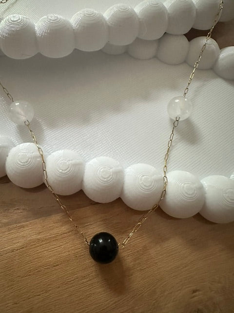 Collier pierres naturelles femme - Obsidienne et cristal de roche - chaine dorée acier inoxydable plaqué or 18K