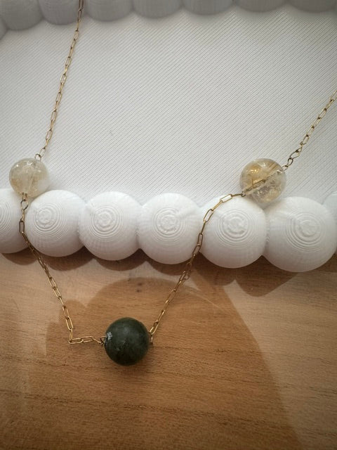 Collier pierres naturelles femme - jade verte et citrine - chaine dorée acier inoxydable plaqué or 18K