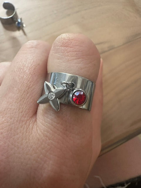 bague femme argenté en acier inoxydable - bague large ajustable-charms et pierre