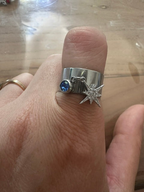 bague femme argenté en acier inoxydable - bague large ajustable-charms et pierre