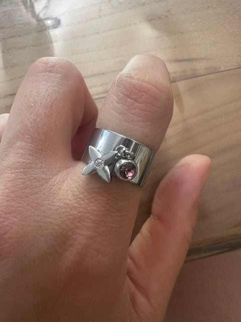 bague femme argenté en acier inoxydable - bague large ajustable-charms et pierre