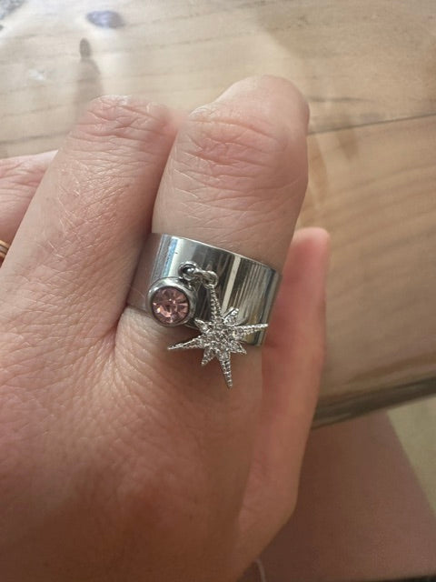 bague femme argenté en acier inoxydable - bague large ajustable-charms et pierre