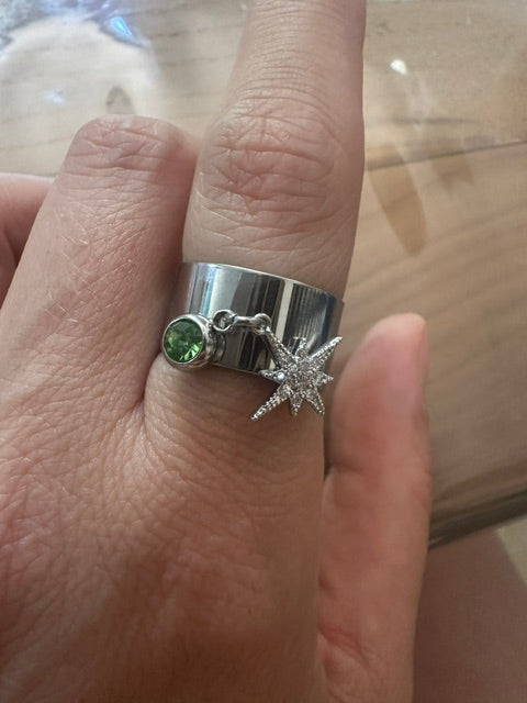 bague femme argenté en acier inoxydable - bague large ajustable-charms et pierre