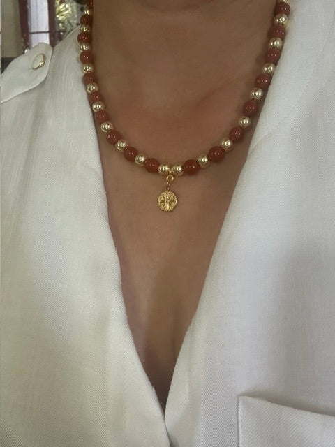 Collier Jaspe Rouge et Hématite Dorée – Pendentif Médaille – Bijou en Pierres Naturelles
