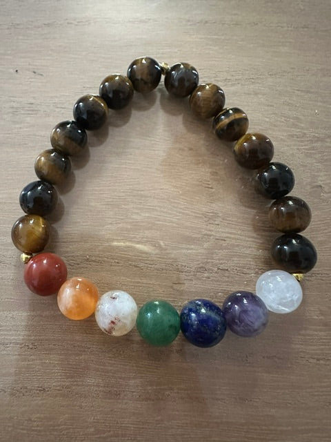 Bracelet 7 Chakras & Œil de Tigre – Pierres Naturelles – Bracelet Élastique Femme Homme